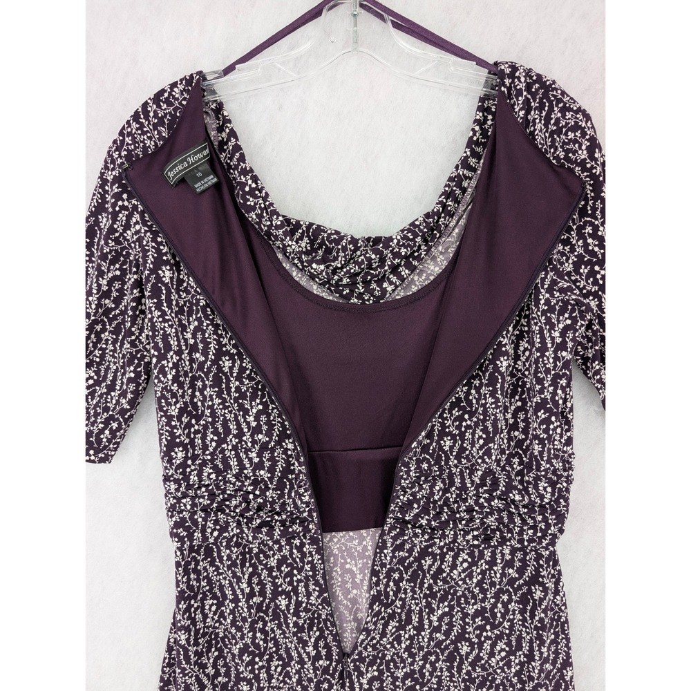 Jessica Howard Womens 10 Purple Floral Vine Cowl Neck Ruched‎ Waist Flare Dress - Picture 5 of 8